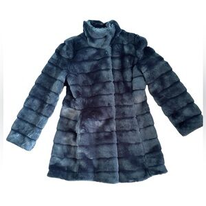 Eliza J Luxurious Slate Blue  Tiered Faux Fur Coat with High Collar sz M